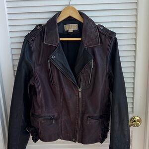 Black and dark plum/wine Leather moto Jacket Michael Kors